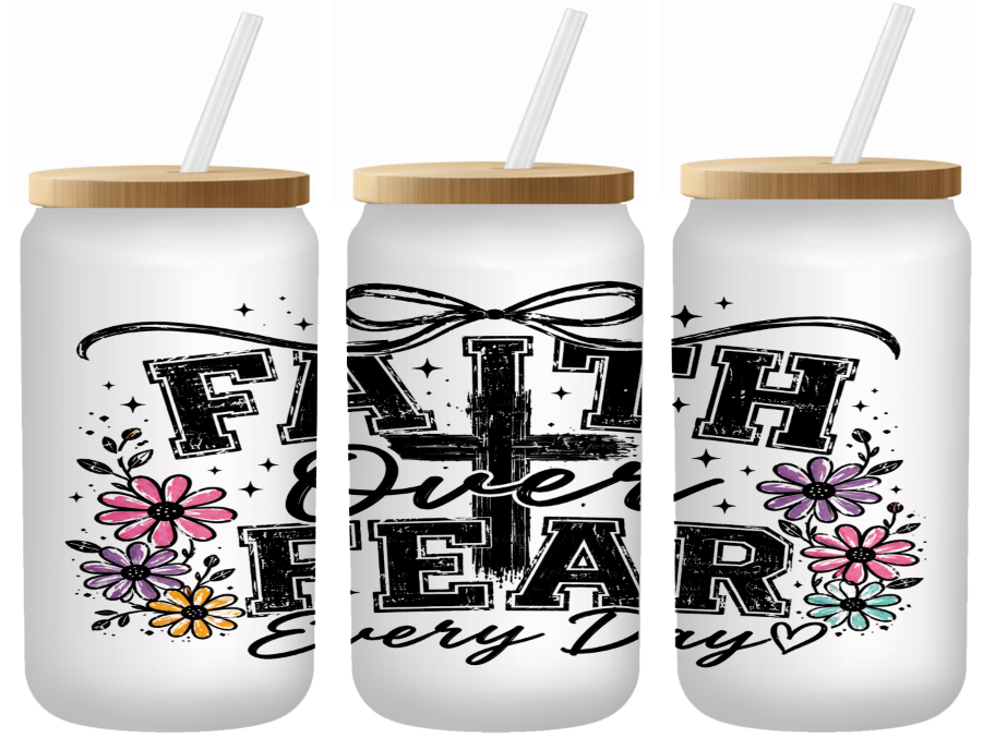 Faith Over Fear Cross Glass Can | 16oz Frosted Tumbler – Bamboo Lid & Straw