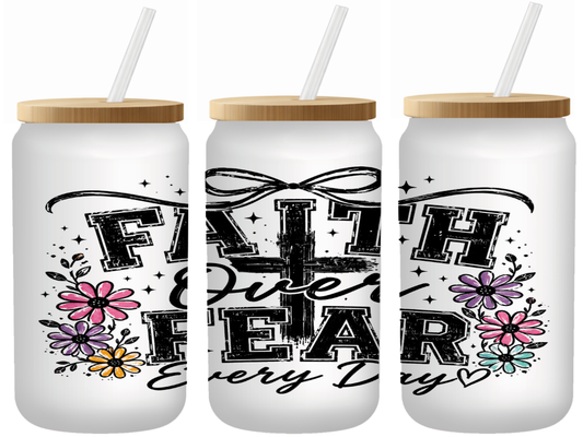 Faith Over Fear Cross Glass Can | 16oz Frosted Tumbler – Bamboo Lid & Straw