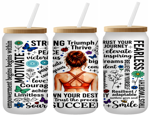 Female Empowerment Words Glass Can | 16oz Frosted Tumbler – Bamboo Lid & Straw