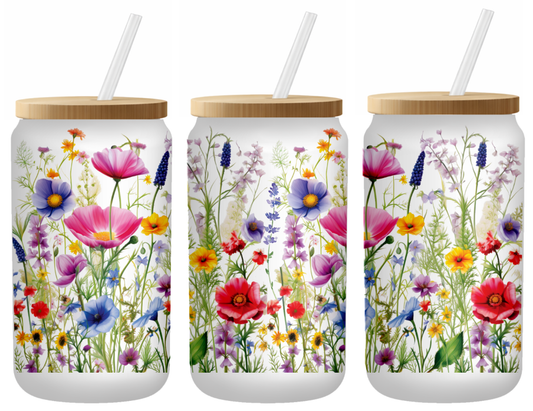 Wildflower Meadow Glass Can | 16oz Frosted Tumbler – Bamboo Lid & Straw