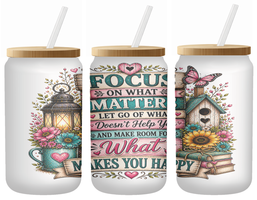 Focus Floral Book Glass Can | 16oz Frosted Tumbler – Bamboo Lid & Straw