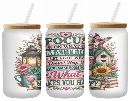 Focus Floral Book Glass Can | 16oz Frosted Tumbler – Bamboo Lid & Straw