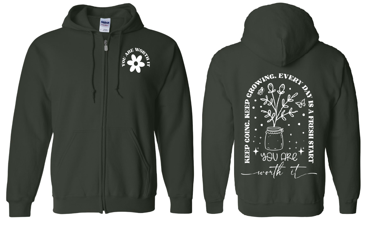 You Are Worth It Floral Zip Up Hoodie |Johanna Lesley Creations