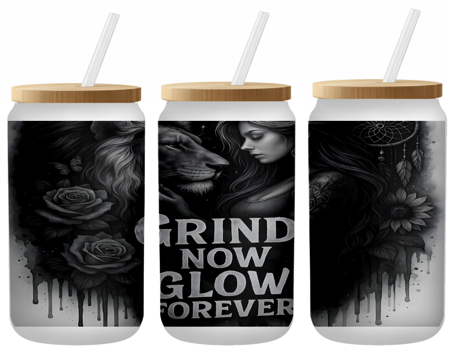 Grind Now Glow Forever Glass Can | 16oz Frosted Tumbler – Bamboo Lid & Straw
