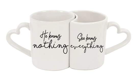 He knows nothing, she knows Everything 11oz Interlocking Heart mugs