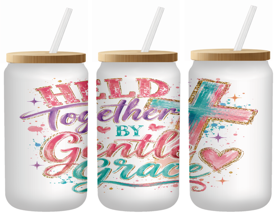 Held Together By Grace Colorful Cross Glass Can | 16oz Frosted Tumbler – Bamboo Lid & Straw