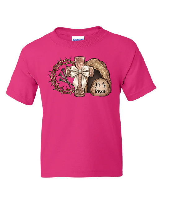 He Is Risen Religious Easter Youth T-Shirt | Johanna Lesley Creations
