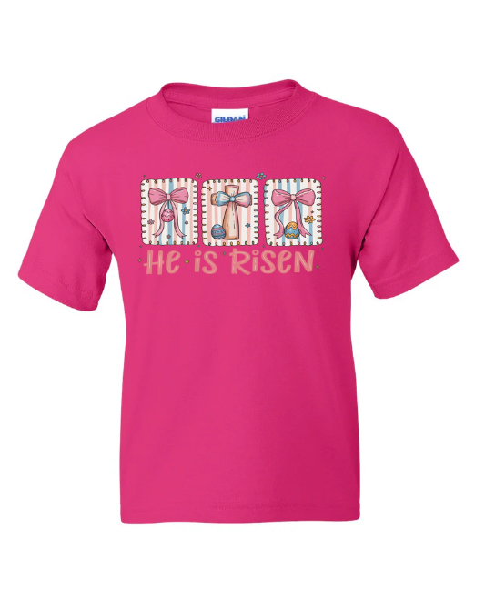 He Is Risen Bows Easter Youth T-Shirt | Johanna Lesley Creations