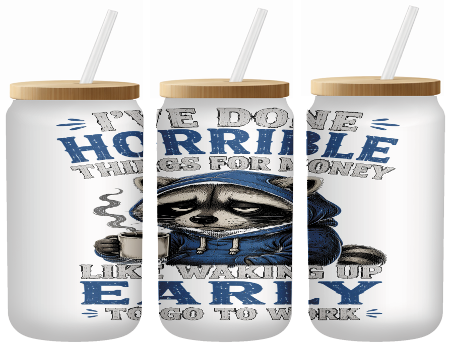 I've Done Horrible Things Raccoon Glass Can | 16oz Frosted Tumbler – Bamboo Lid & Straw
