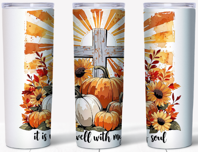 It Is Well With My Soul Sunflowers & Cross 20oz Skinny Tumbler | Johanna Lesley Creations