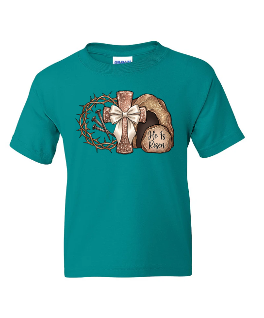 He Is Risen Religious Easter Youth T-Shirt | Johanna Lesley Creations