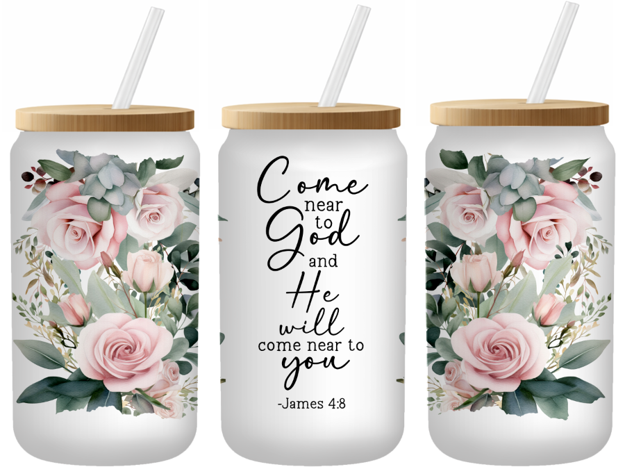 James 4:8 Floral Scripture Glass Can | 16oz Frosted Tumbler – Bamboo Lid & Straw