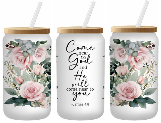 James 4:8 Floral Scripture Glass Can | 16oz Frosted Tumbler – Bamboo Lid & Straw