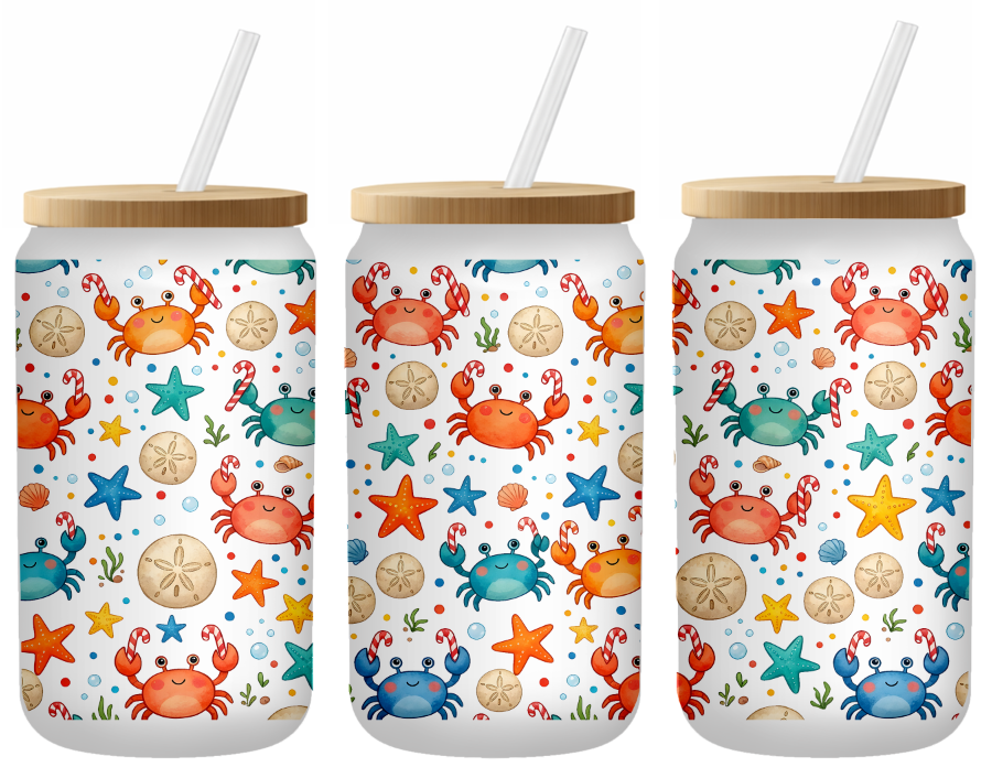 Jolly Crabs Coastal Glass Can | 16oz Frosted Tumbler – Bamboo Lid & Straw