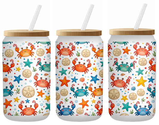 Jolly Crabs Coastal Glass Can | 16oz Frosted Tumbler – Bamboo Lid & Straw