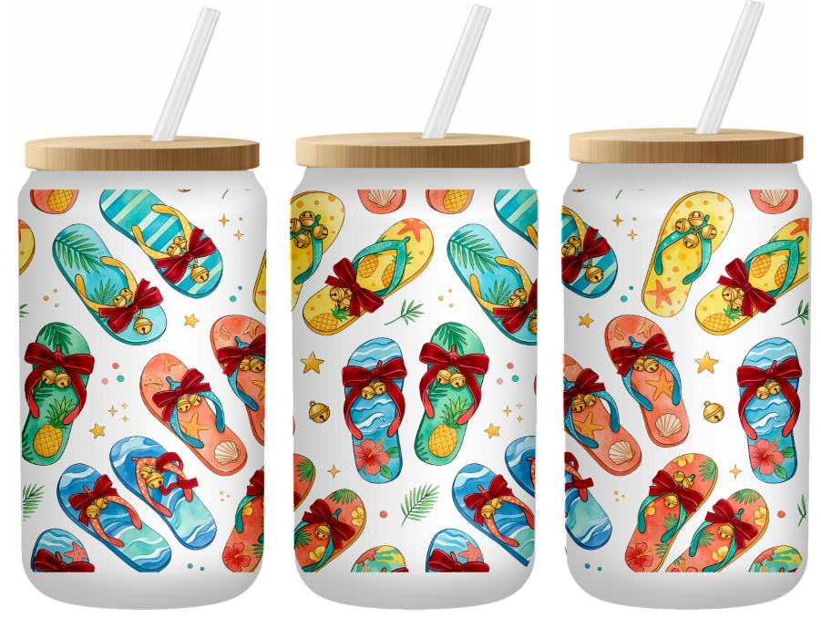 Jolly Sandals Summer Glass Can | 16oz Frosted Tumbler – Bamboo Lid & Straw