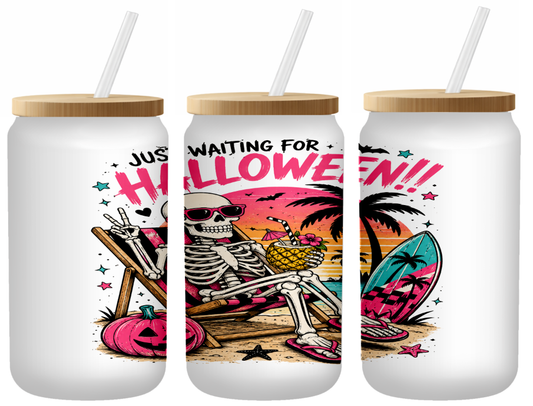Just Waiting For Halloween Glass Can | 16oz Frosted Tumbler – Bamboo Lid & Straw