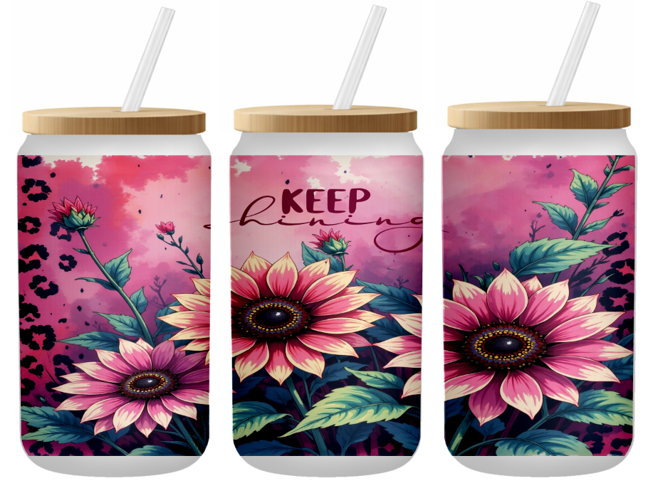 Keep Shining Floral Glass Can | 16oz Frosted Tumbler – Bamboo Lid & Straw