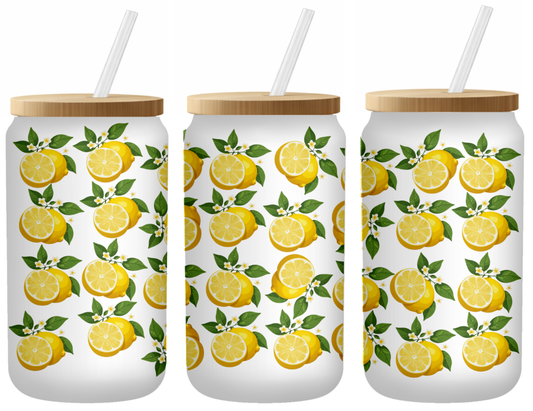 Fresh Lemon Pattern Glass Can | 16oz Frosted Tumbler – Bamboo Lid & Straw