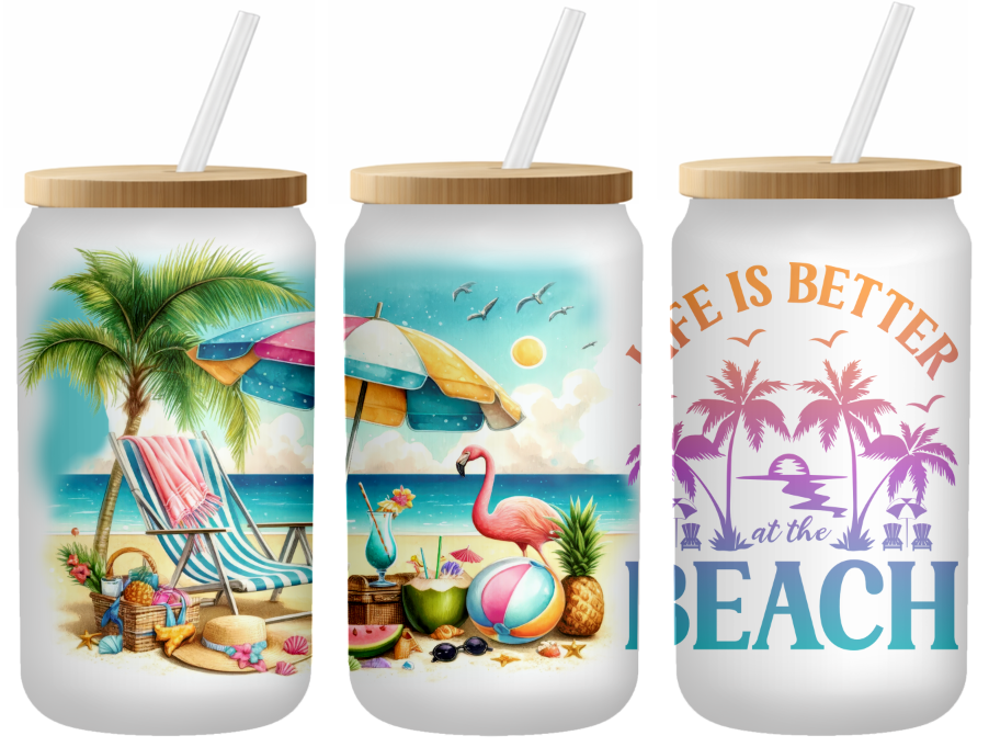 Life Is Better At The Beach Glass Can | 16oz Frosted Tumbler – Bamboo Lid & Straw