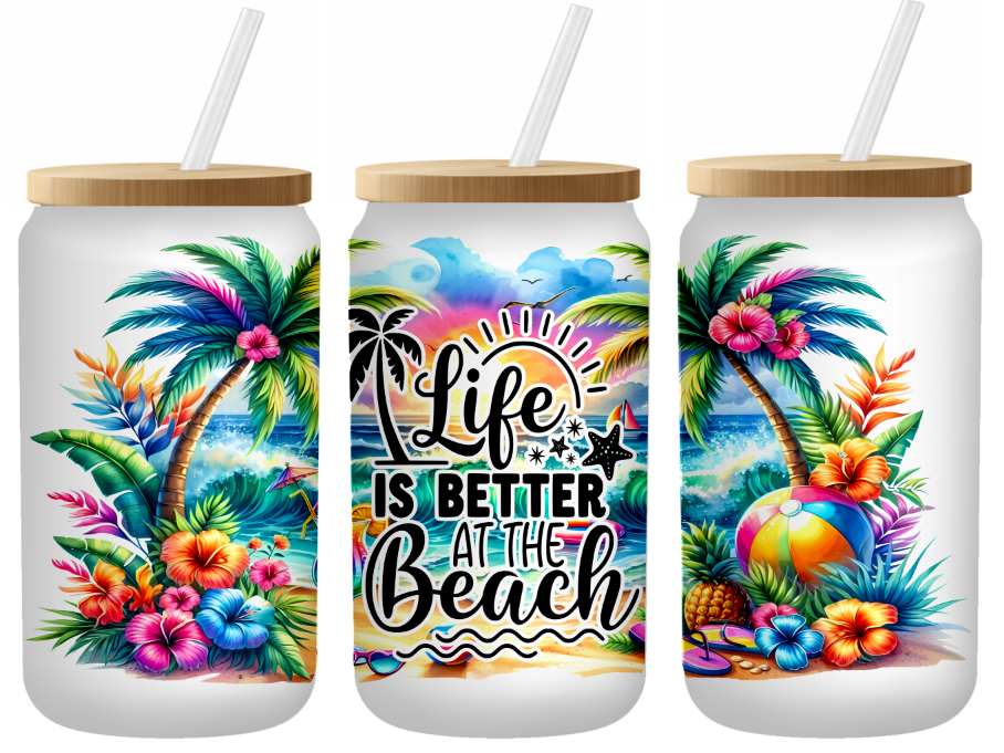 Tropical Paradise Beach Glass Can | 16oz Frosted Tumbler – Bamboo Lid & Straw