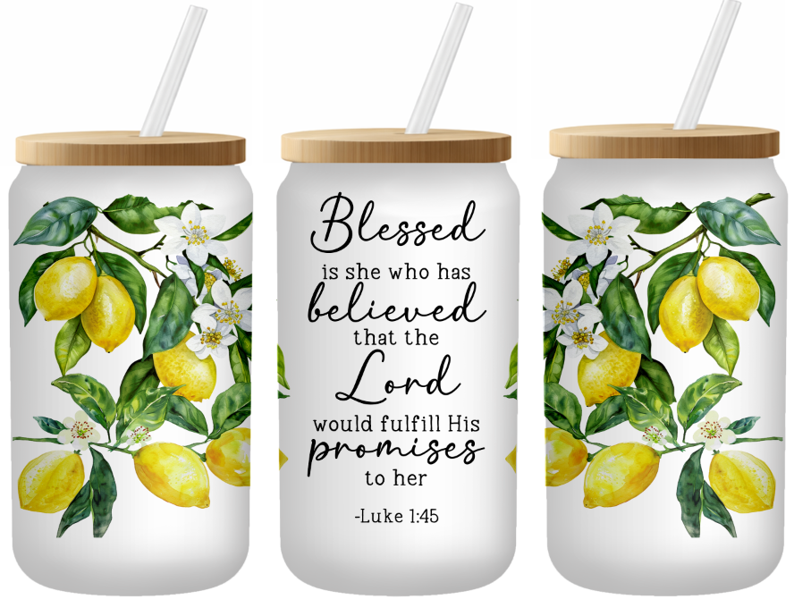 Luke 1:45 Lemon Scripture Glass Can | 16oz Frosted Tumbler – Bamboo Lid & Straw