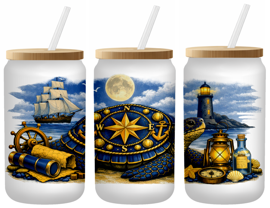Nautical Turtles Glass Can | 16oz Frosted Tumbler – Bamboo Lid & Straw