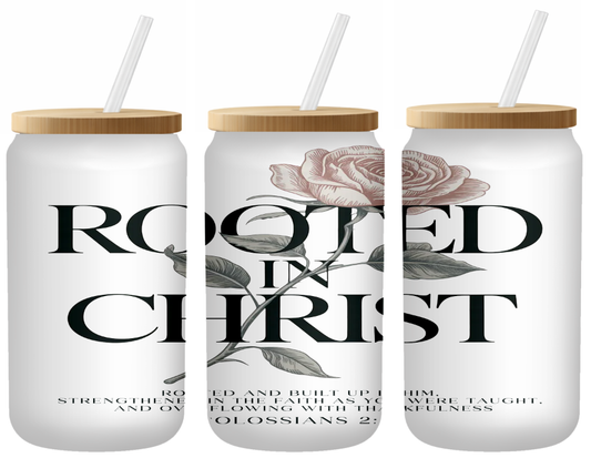Rooted In Christ Floral Glass Can | 16oz Frosted Tumbler – Bamboo Lid & Straw