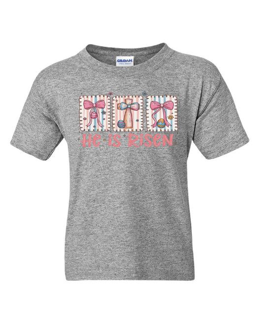 He Is Risen Bows Easter Youth T-Shirt | Johanna Lesley Creations