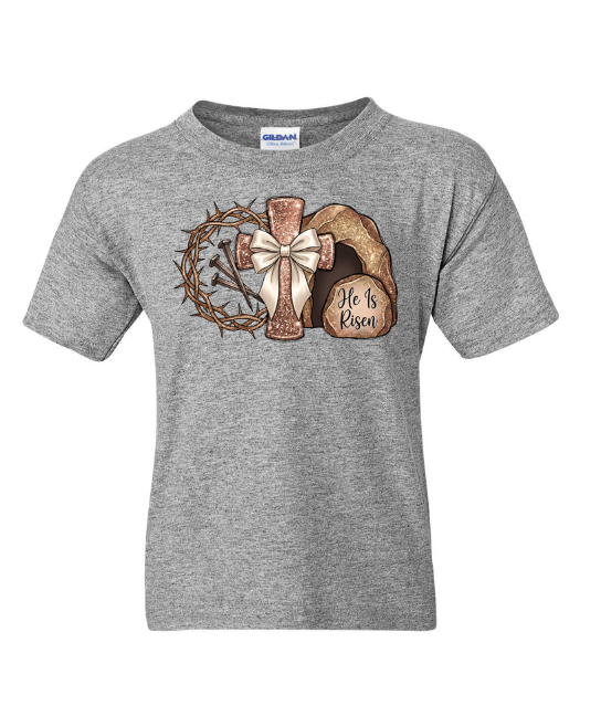 He Is Risen Religious Easter Youth T-Shirt | Johanna Lesley Creations