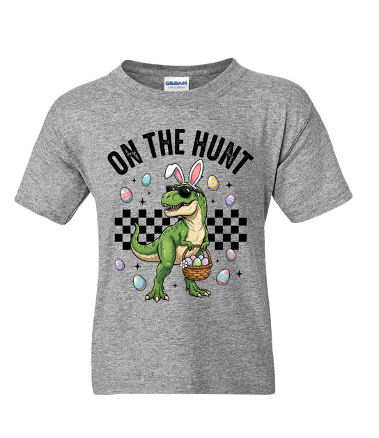 On The Hunt Easter T-Rex Youth T-Shirt | Johanna Lesley Creations