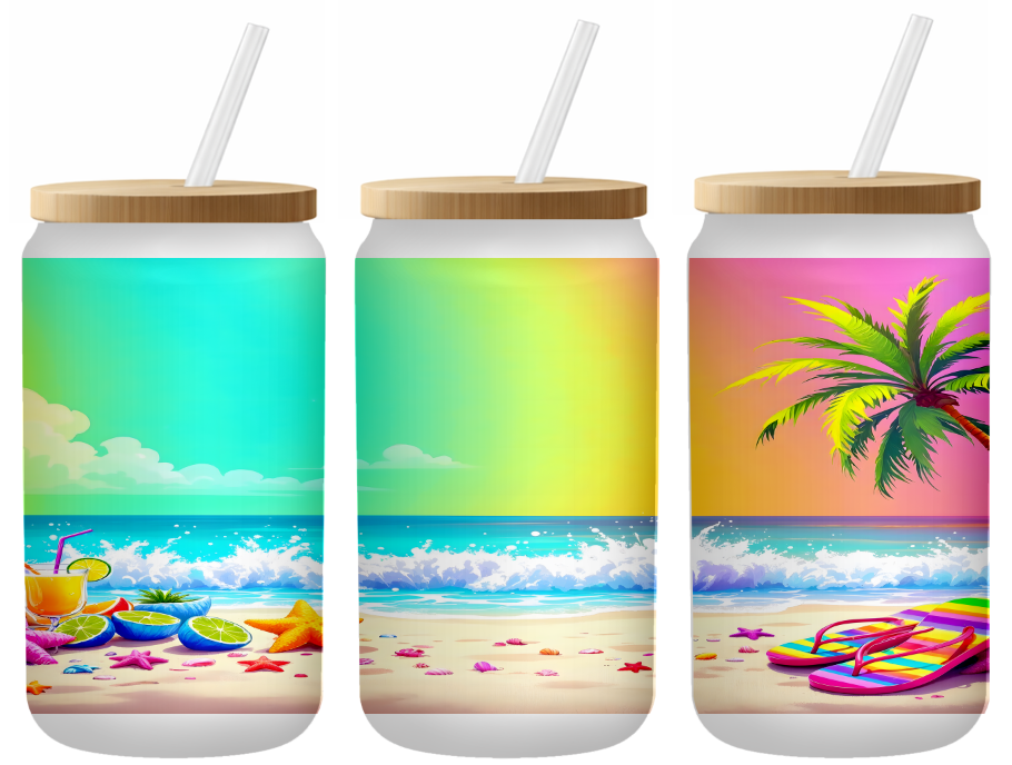 Summer Beach Glass Can | 16oz Frosted Tumbler – Bamboo Lid & Straw