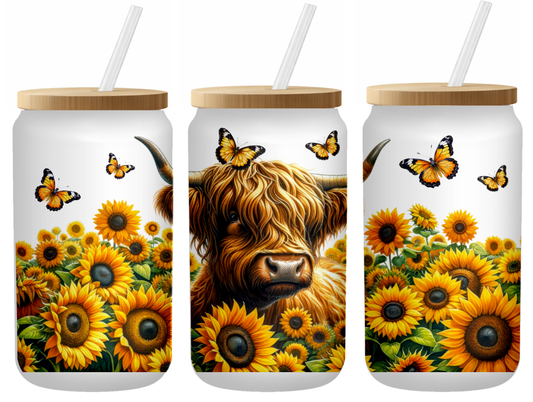 Summertime Highland Glass Can | 16oz Frosted Tumbler – Bamboo Lid & Straw