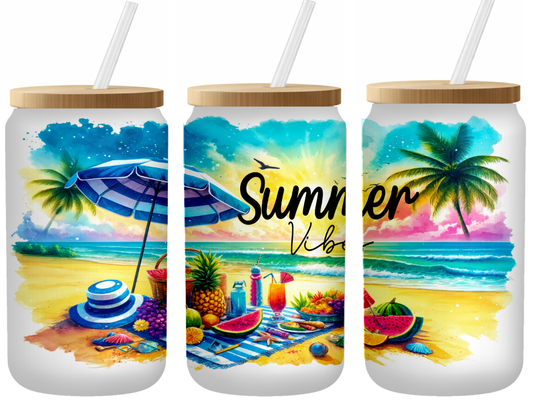 Summer Vibes Glass Can | 16oz Frosted Tumbler – Bamboo Lid & Straw