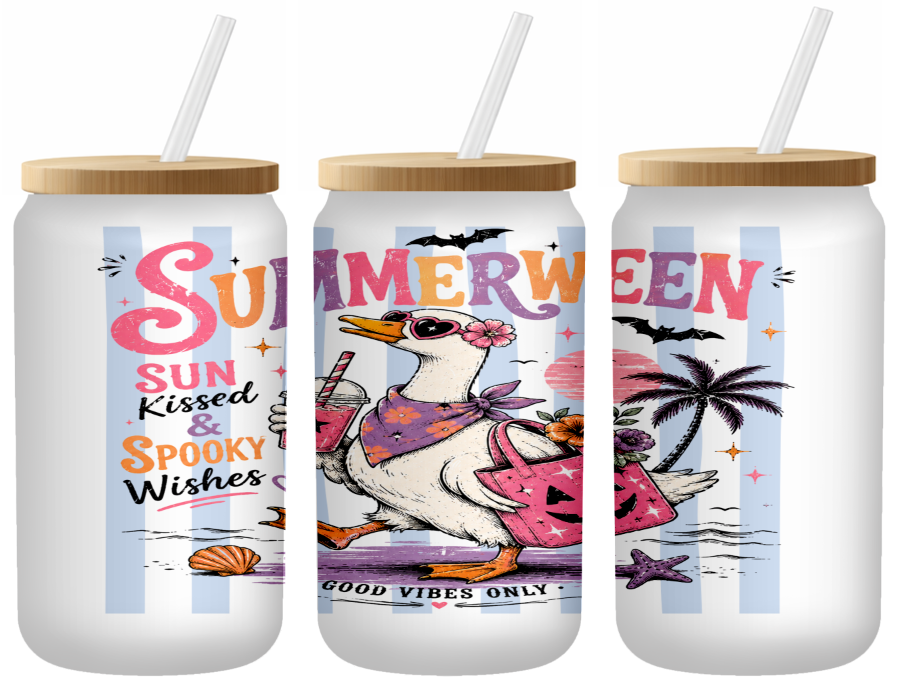 Summerween Sunkissed And Spooky Wishes Glass Can | 16oz Frosted Tumbler – Bamboo Lid & Straw