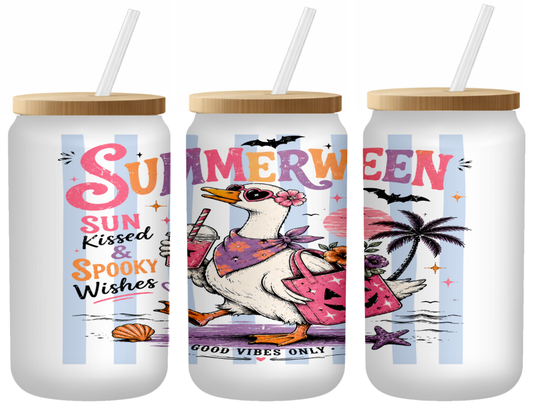 Summerween Sunkissed And Spooky Wishes Glass Can | 16oz Frosted Tumbler – Bamboo Lid & Straw