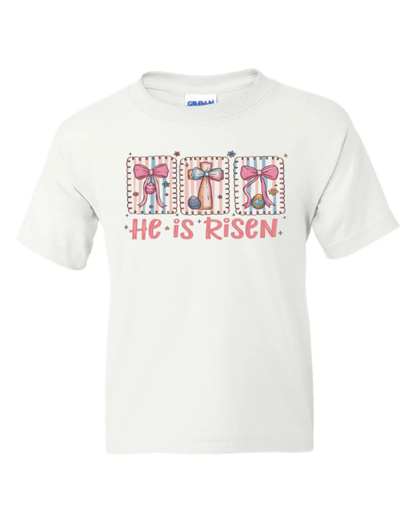 He Is Risen Bows Easter Youth T-Shirt | Johanna Lesley Creations