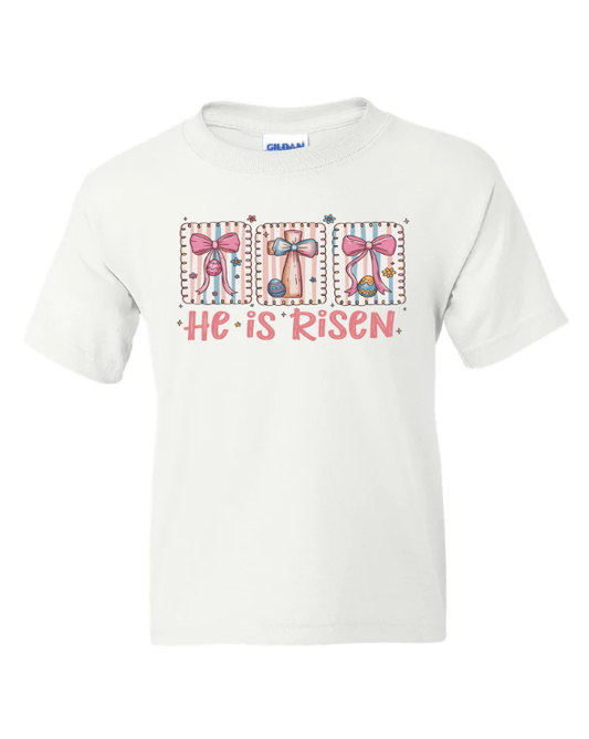 He Is Risen Bows Easter Youth T-Shirt | Johanna Lesley Creations