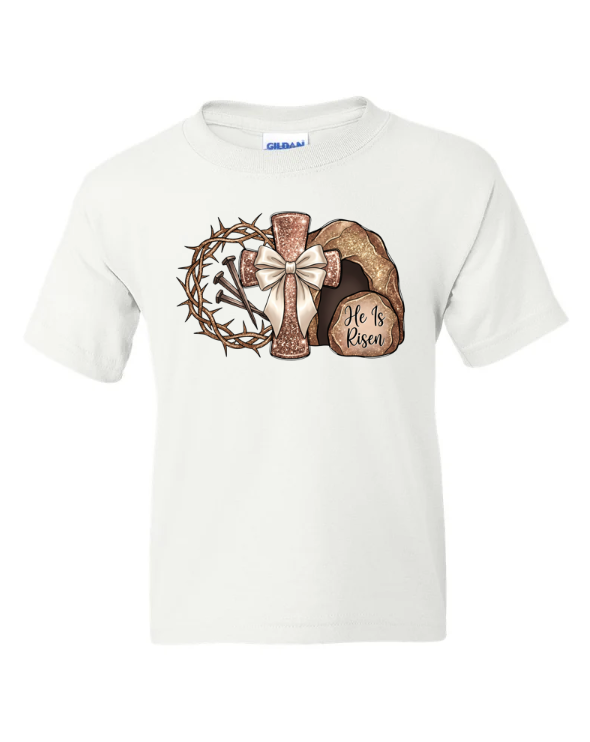 He Is Risen Religious Easter Youth T-Shirt | Johanna Lesley Creations